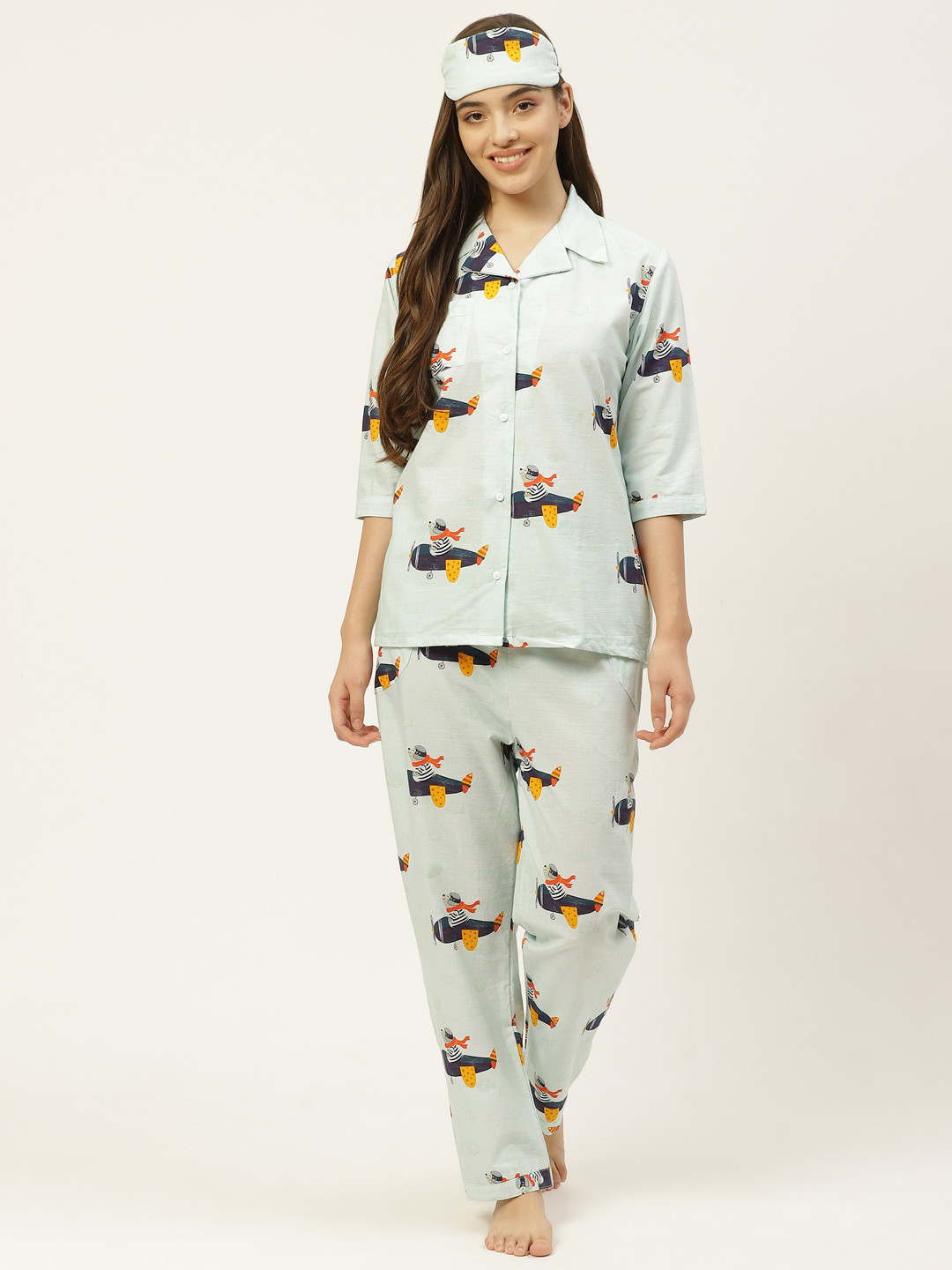 Rapra The Label Women Sea Green & Orange Quirky Print Pure Cotton Night Suit With Eye Mask