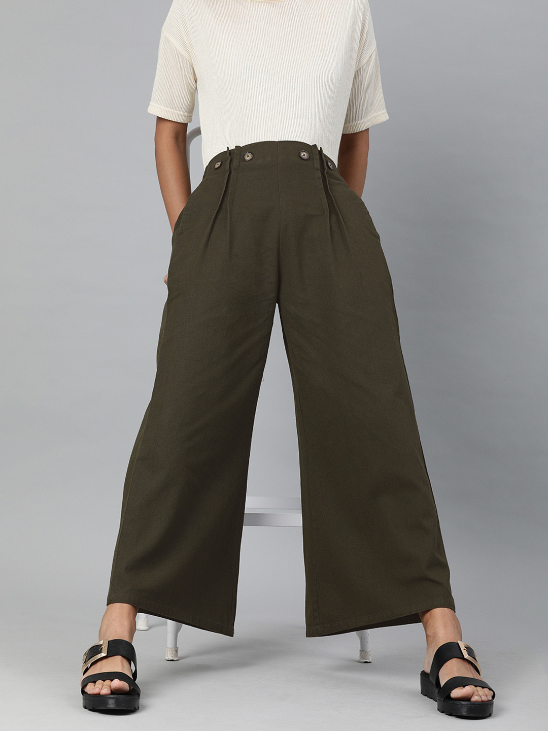 plusS WORX Women Olive Green Regular Fit Solid Culottes