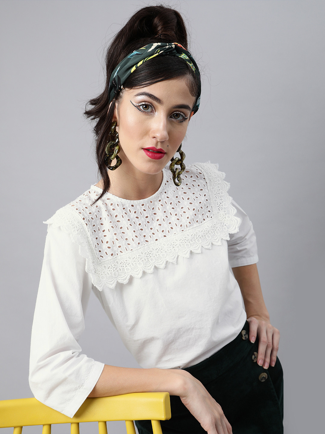 plusS White Pure Cotton Schiffli Laced Regular Top