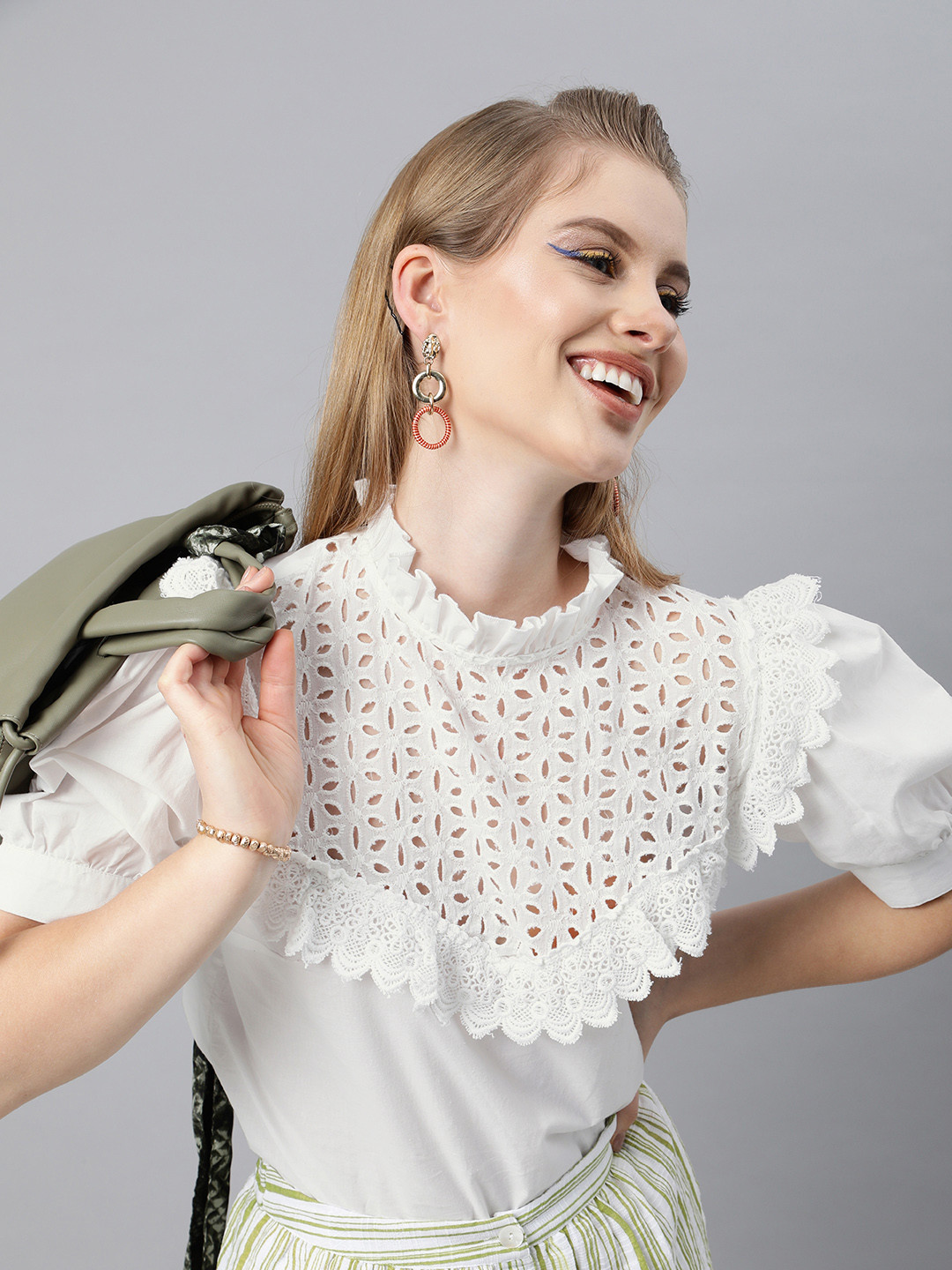 plusS White Schiffli Puff Sleeves Pure Cotton Laced Regular Top