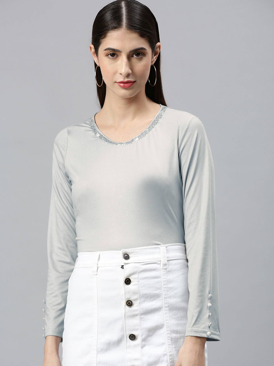 AURELIA Silver-Toned Jewel Neck Top