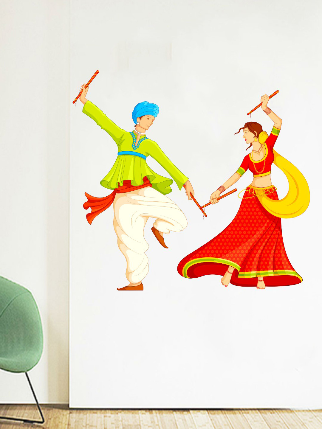 rawpockets Red & Green Couple Playing Daniya Wall Sticker