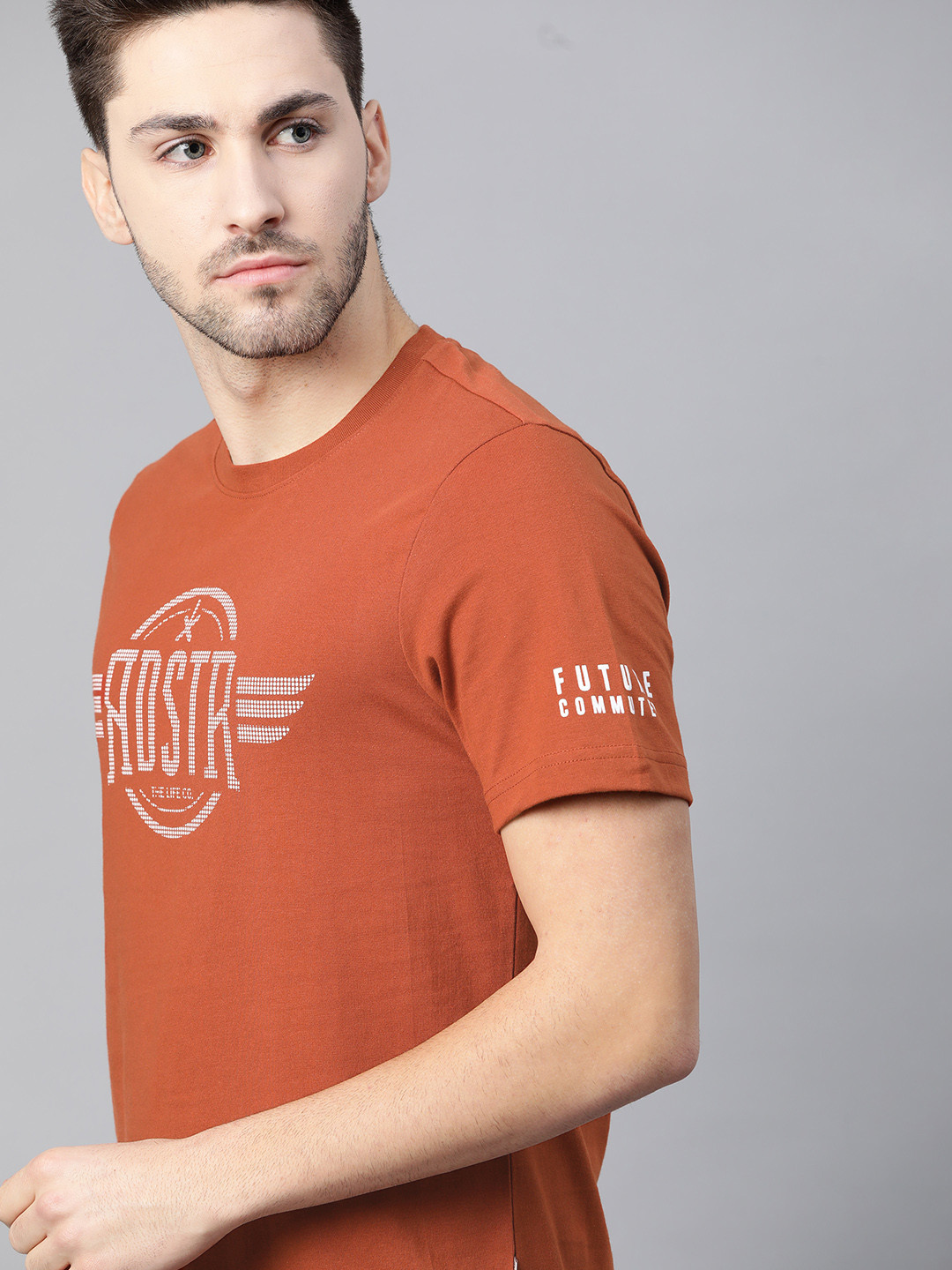 The Roadster Lifestyle Co Men Rust Orange  White Brand Logo Printed Pure Cotton T-shirt