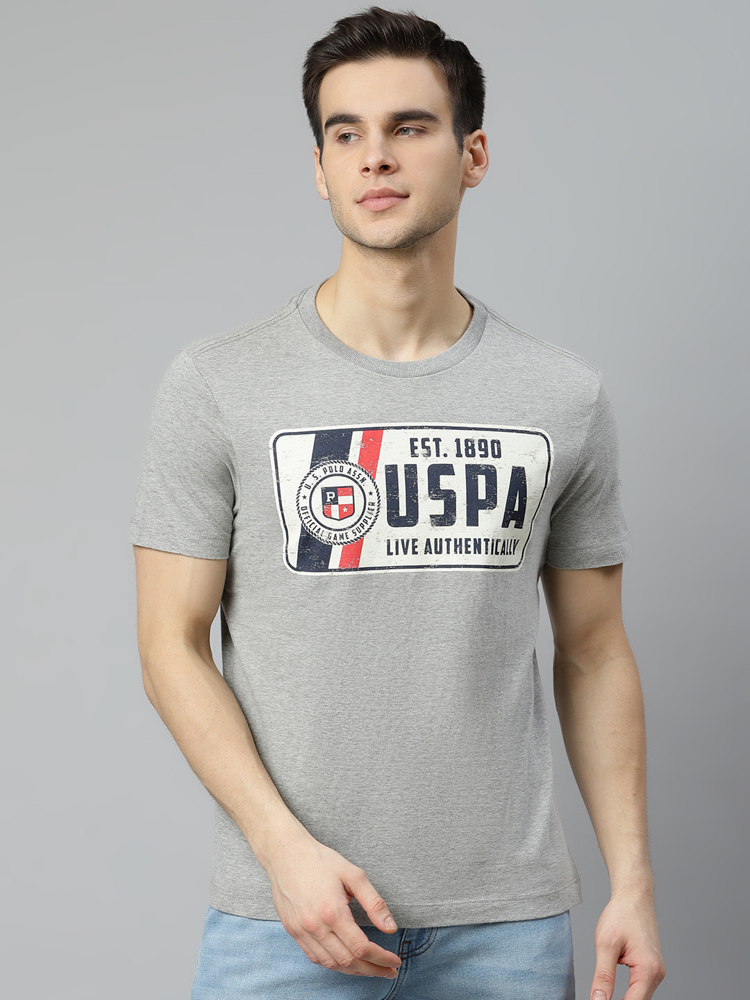 U.S. Polo Assn. Denim Co. Men Grey Melange & Navy Blue Cotton Brand Logo Print T-shirt