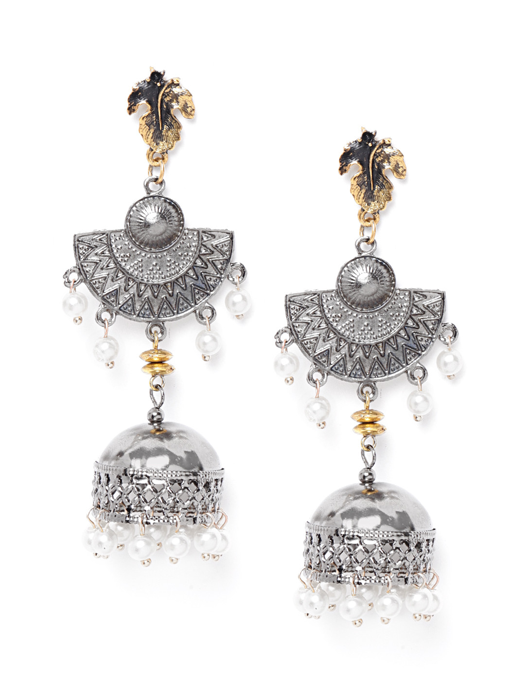 DIVA WALK Oxidised Silver-Toned & Antique Gold-Toned Beaded Handcrafted Jhumkas