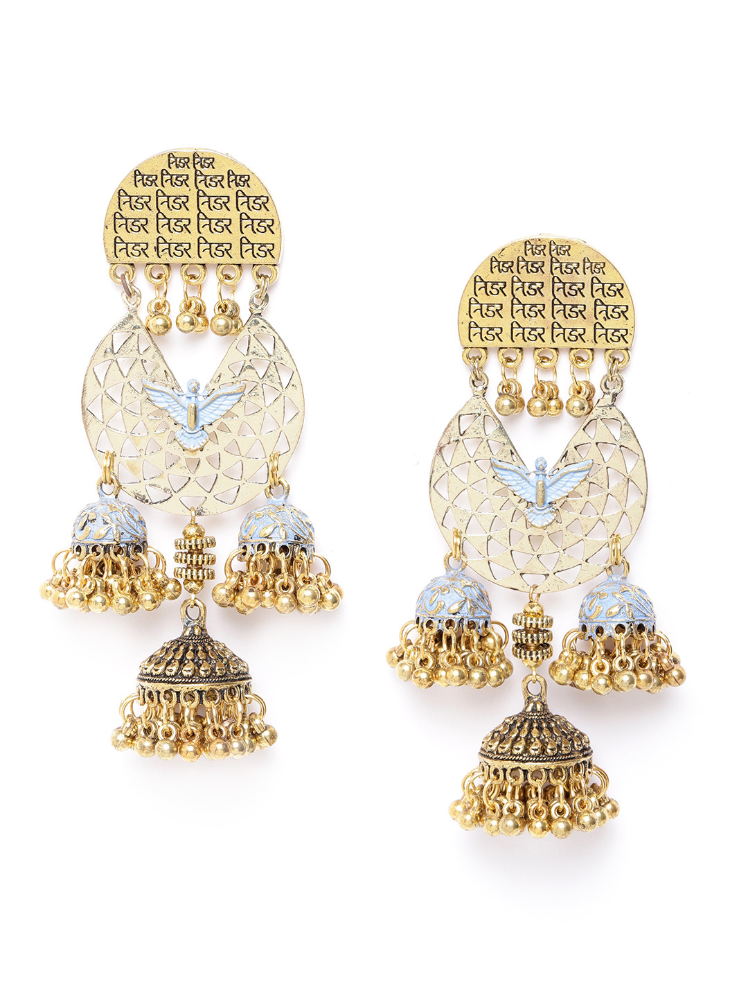 DIVA WALK Antique Gold-Toned & Blue Handcrafted Enamelled Dome Shaped Jhumkas