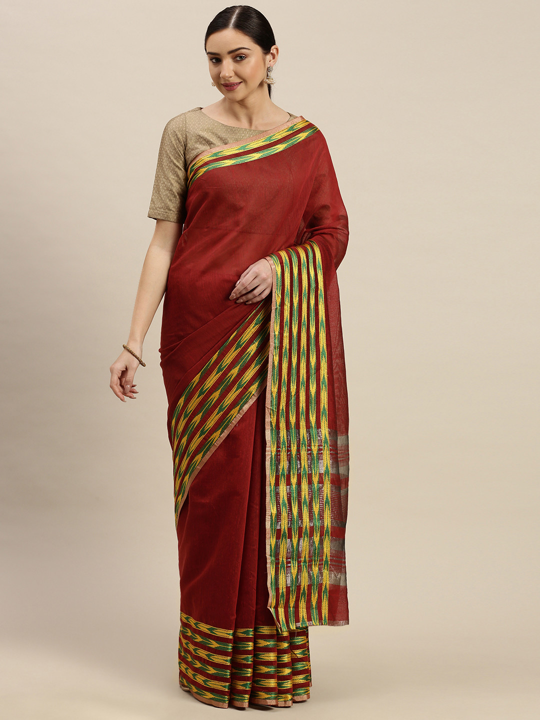 Blissta Maroon Solid Linen Blend Saree