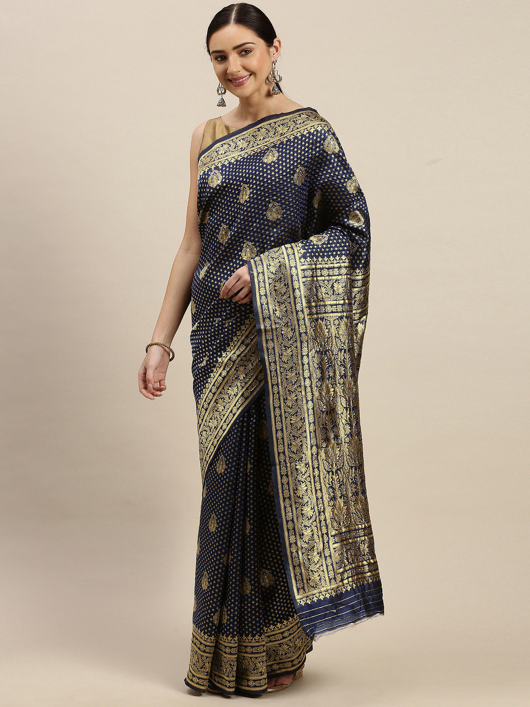 Mitera Navy Blue & Golden Silk Blend Woven Design Banarasi Saree