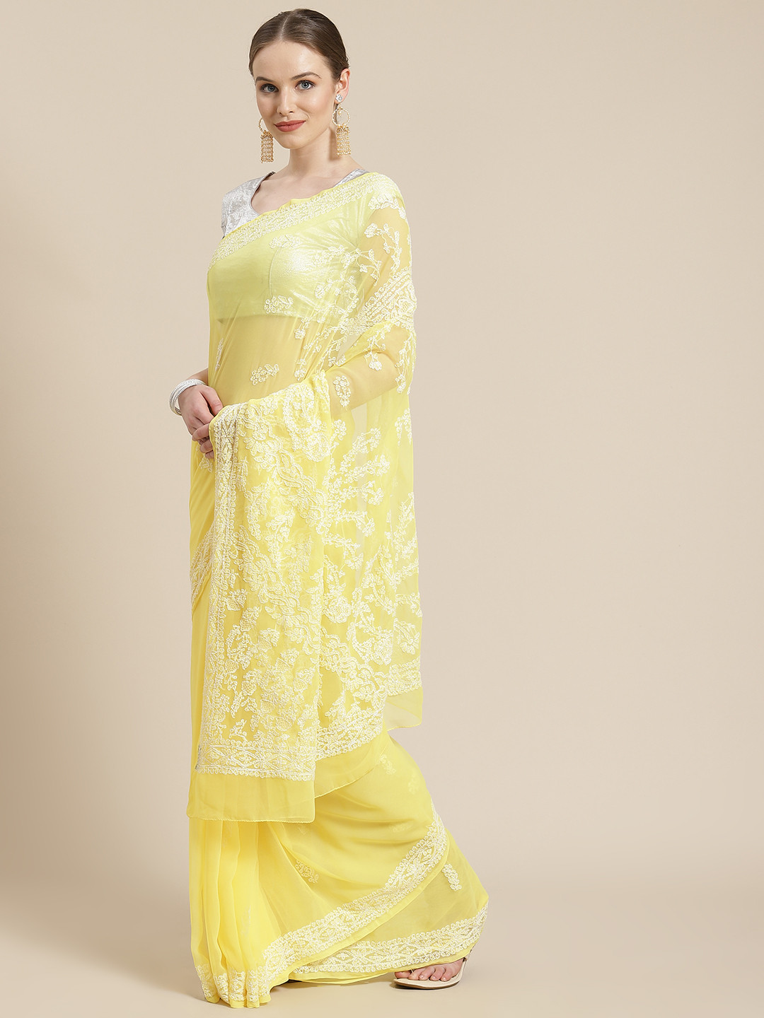ADA Yellow & White Chikankari Embroidered Saree