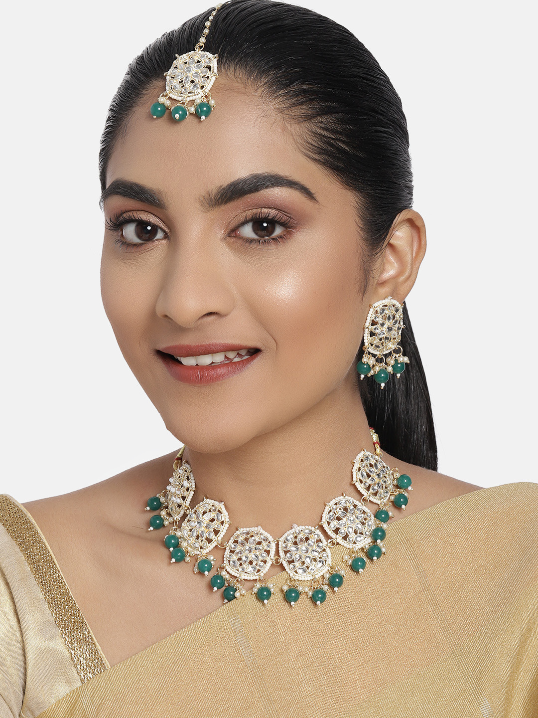 Zaveri Pearls Gold-Plated & Green Kundan Jewellery Set