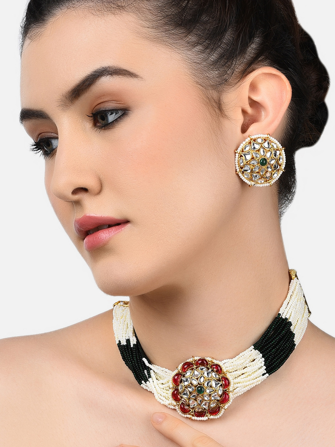 Zaveri Pearls Pink & Green Gold-Plated Studded Pearls Jewellery Set