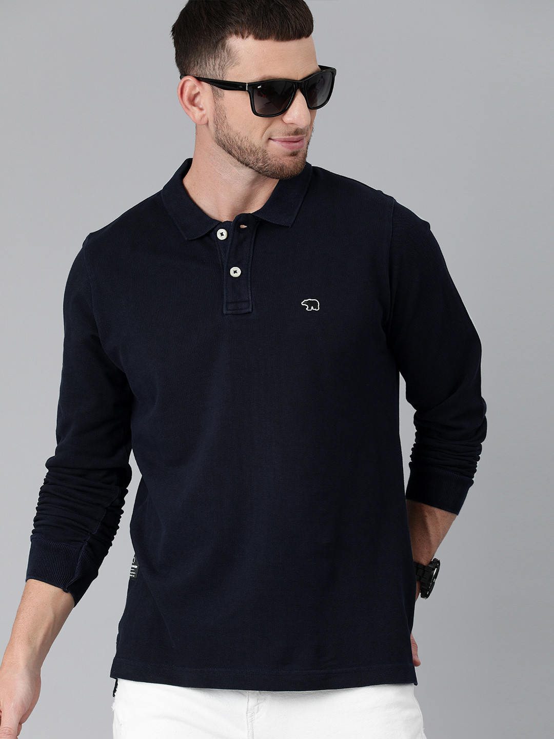 THE BEAR HOUSE Men Navy Blue Solid Polo Collar Pure Cotton T-shirt