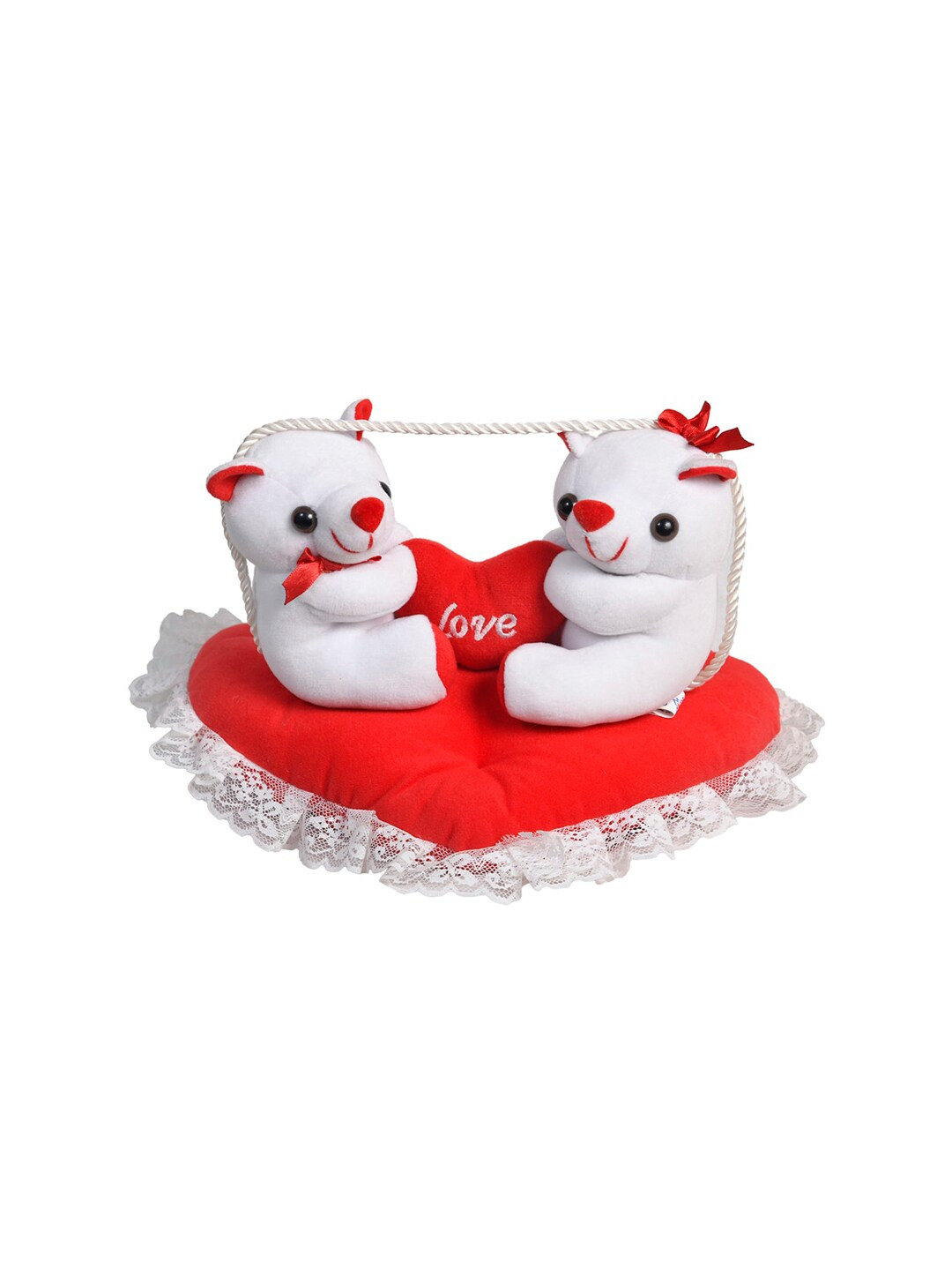 Ultra Unisex Kids Red & White Cute Soft Toy Teddy Bear Couple Holding Red Heart on Red Cushion Valentine
