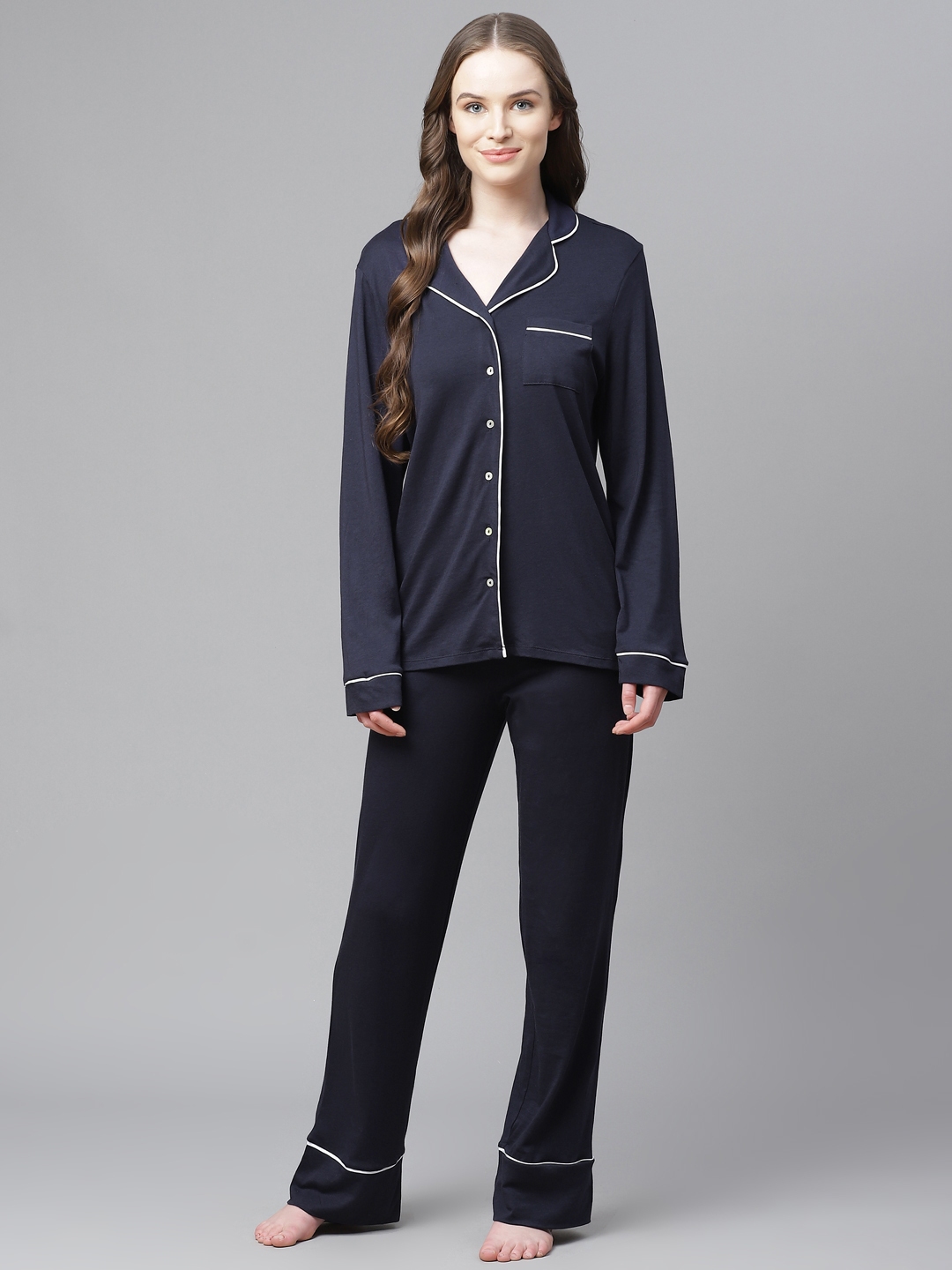 Marks & Spencer Women Navy Blue Solid Night suit