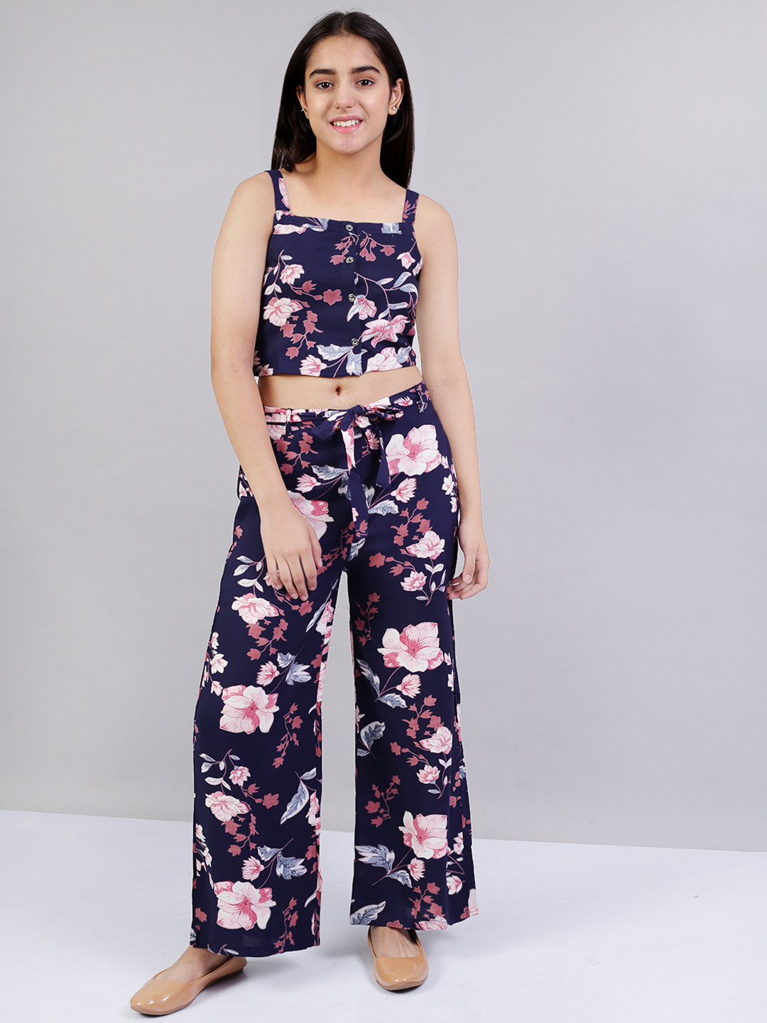 Naughty Ninos Girls Navy Blue & Pink Printed Top with Palazzos
