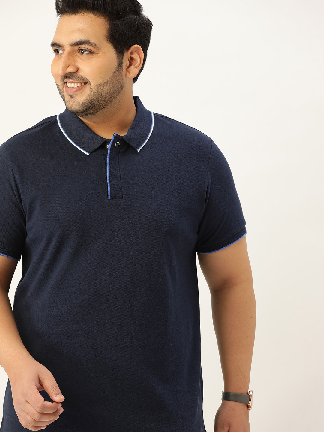 Sztori Men Plus Size Navy Blue Solid Polo Collar T-shirt