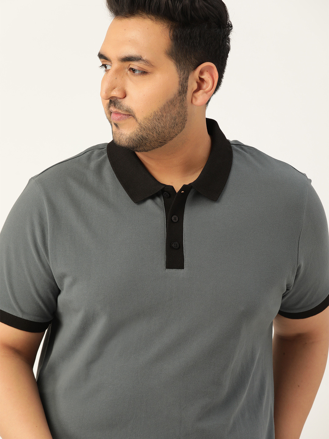 Sztori Men Plus Size Grey  Cotton Solid Polo Collar T-shirt
