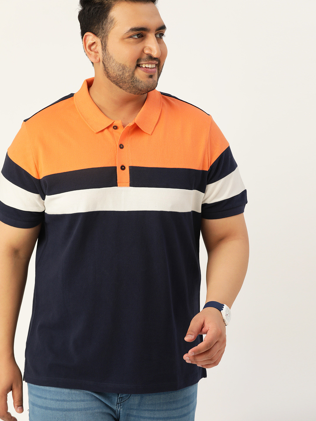 Sztori Men Plus Size Navy Blue Pure Cotton Striped Polo Collar T-shirt