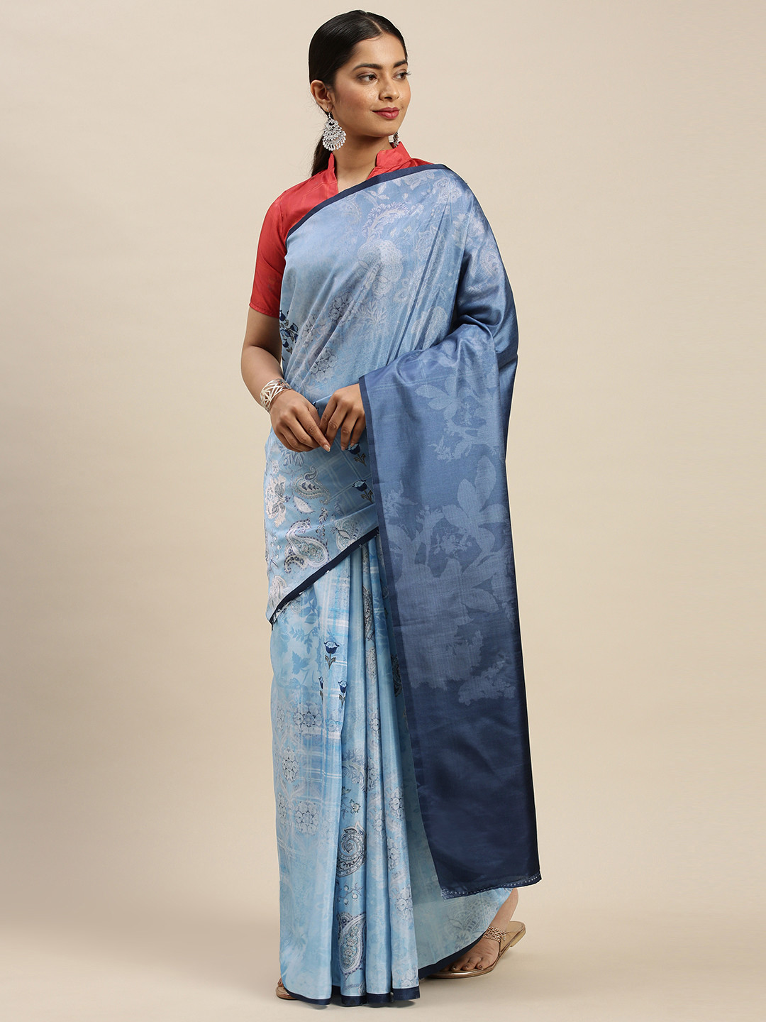 Saree mall Blue & White Printed Muga Saree
