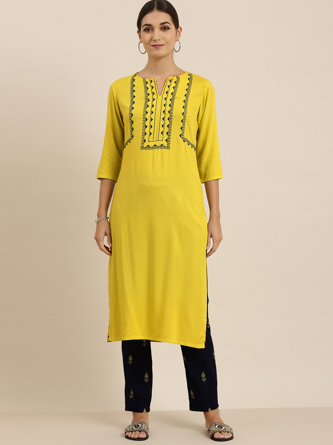 Vishudh Women Lime Green & Navy Blue Embroidered Kurta with Trousers
