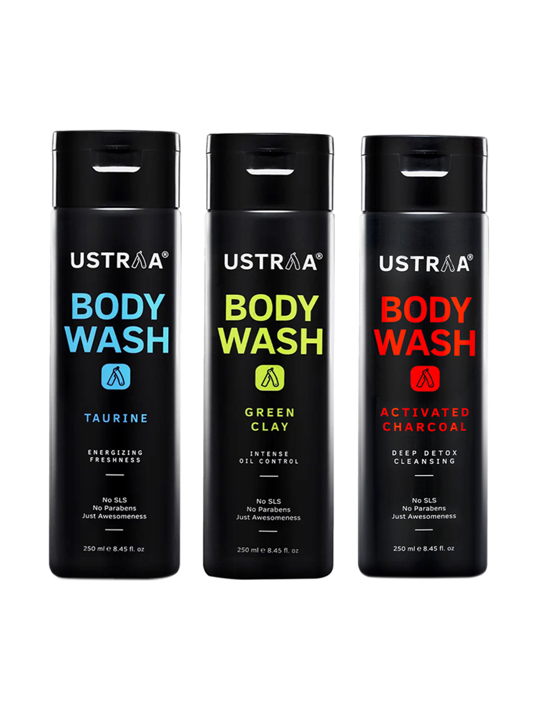 Ustraa Men Set of 3 Body Washes -Taurine, Activated Charcoal & Green Clay