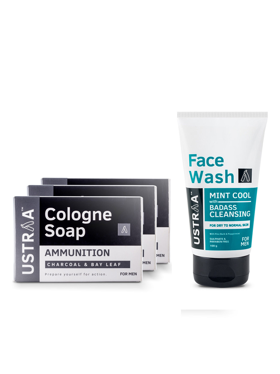 Ustraa Men Set of 3 Ammunition Cologne Soaps & 1 Mint Cool Face Wash
