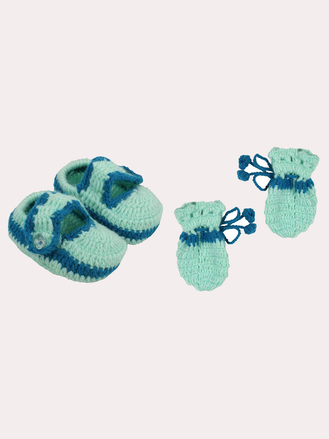 Superminis Infant Kids Green & Blue Hand Knitted Booties With Mittens