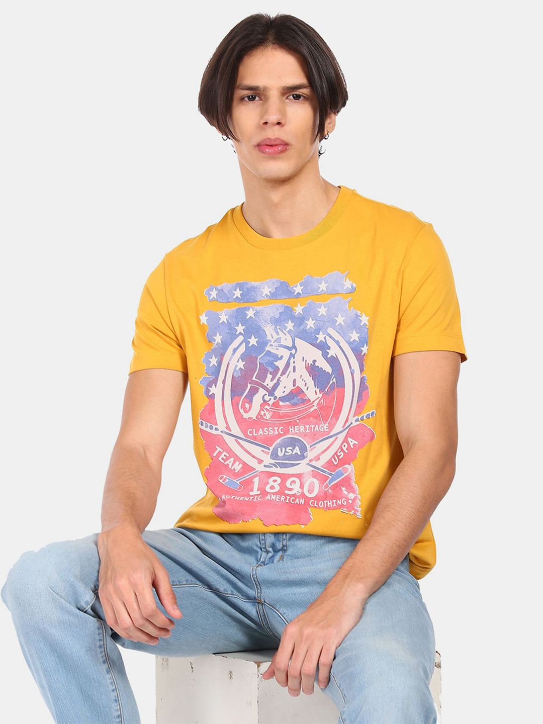 U.S. Polo Assn. Denim Co. Men Yellow  BluePrinted Round Neck Pure Cotton T-shirt