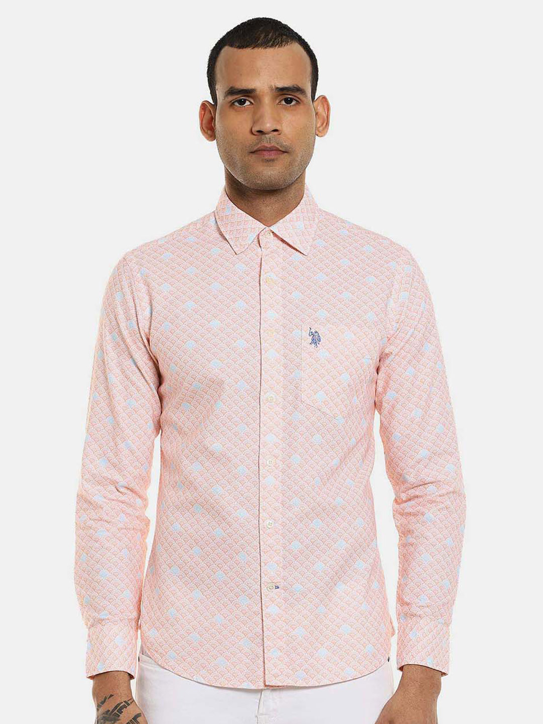 U.S. Polo Assn. Men Coral Orange & White Tailored Fit Solid Casual Shirt
