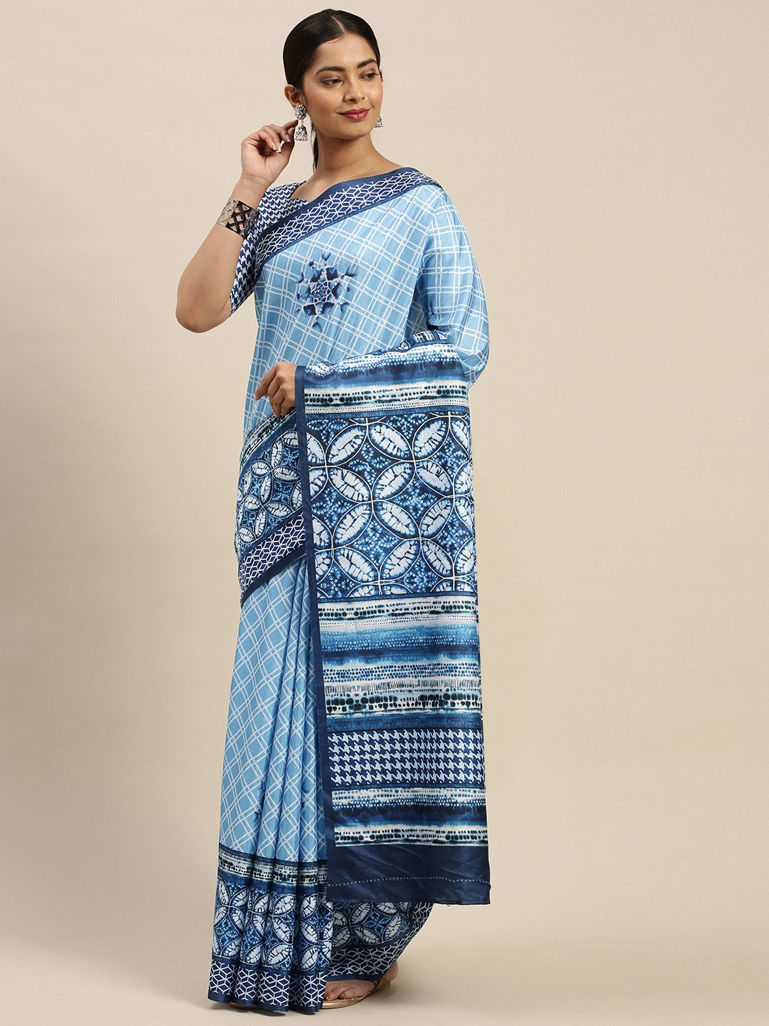 Mitera Blue Geometric Print Saree