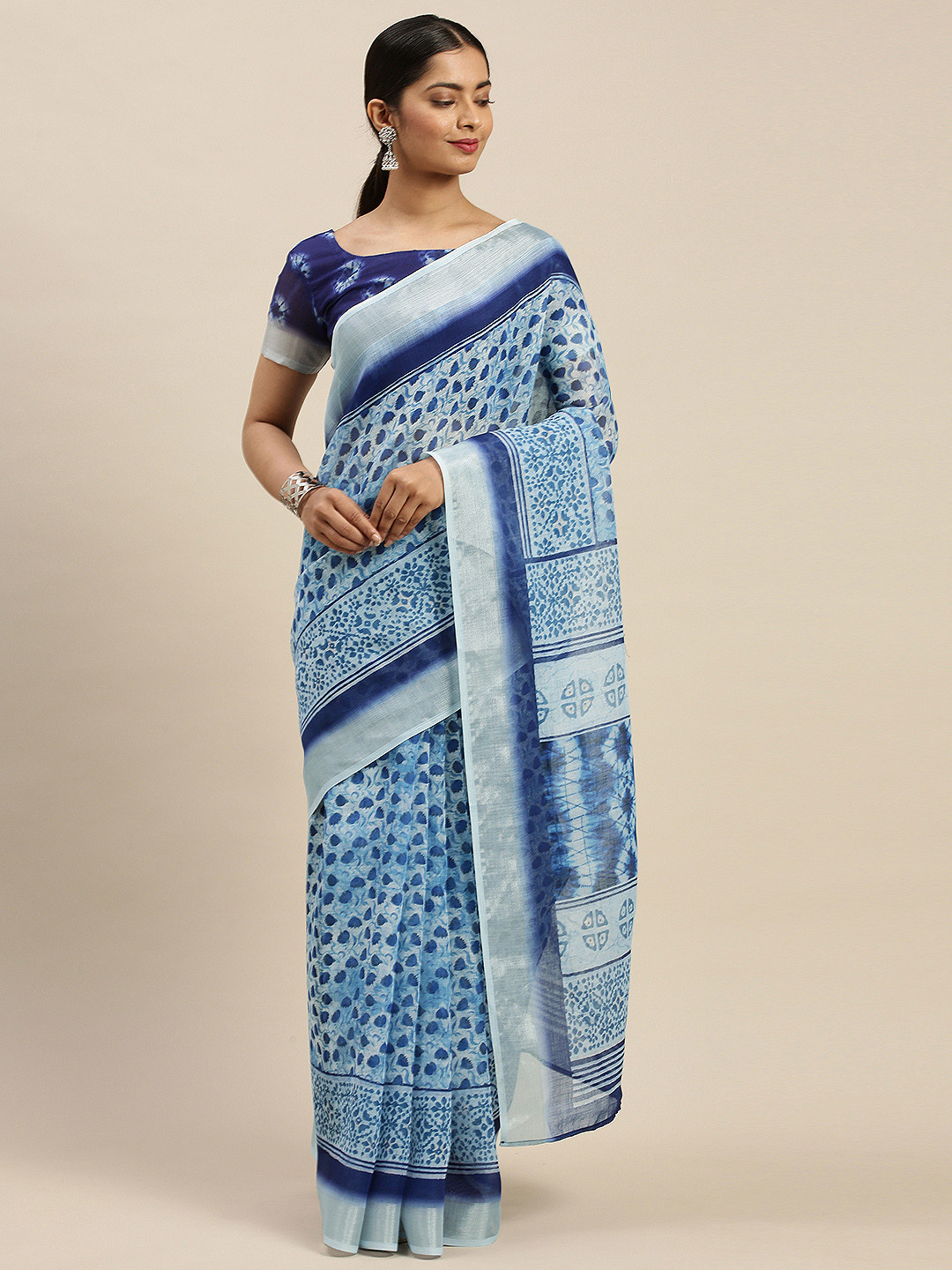 Mitera Blue Abstract Patterned Tie & Dye Saree