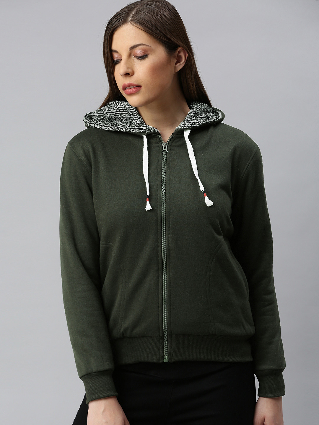 ADBUCKS Women Olive Green Solid Hooded Sweatshirt