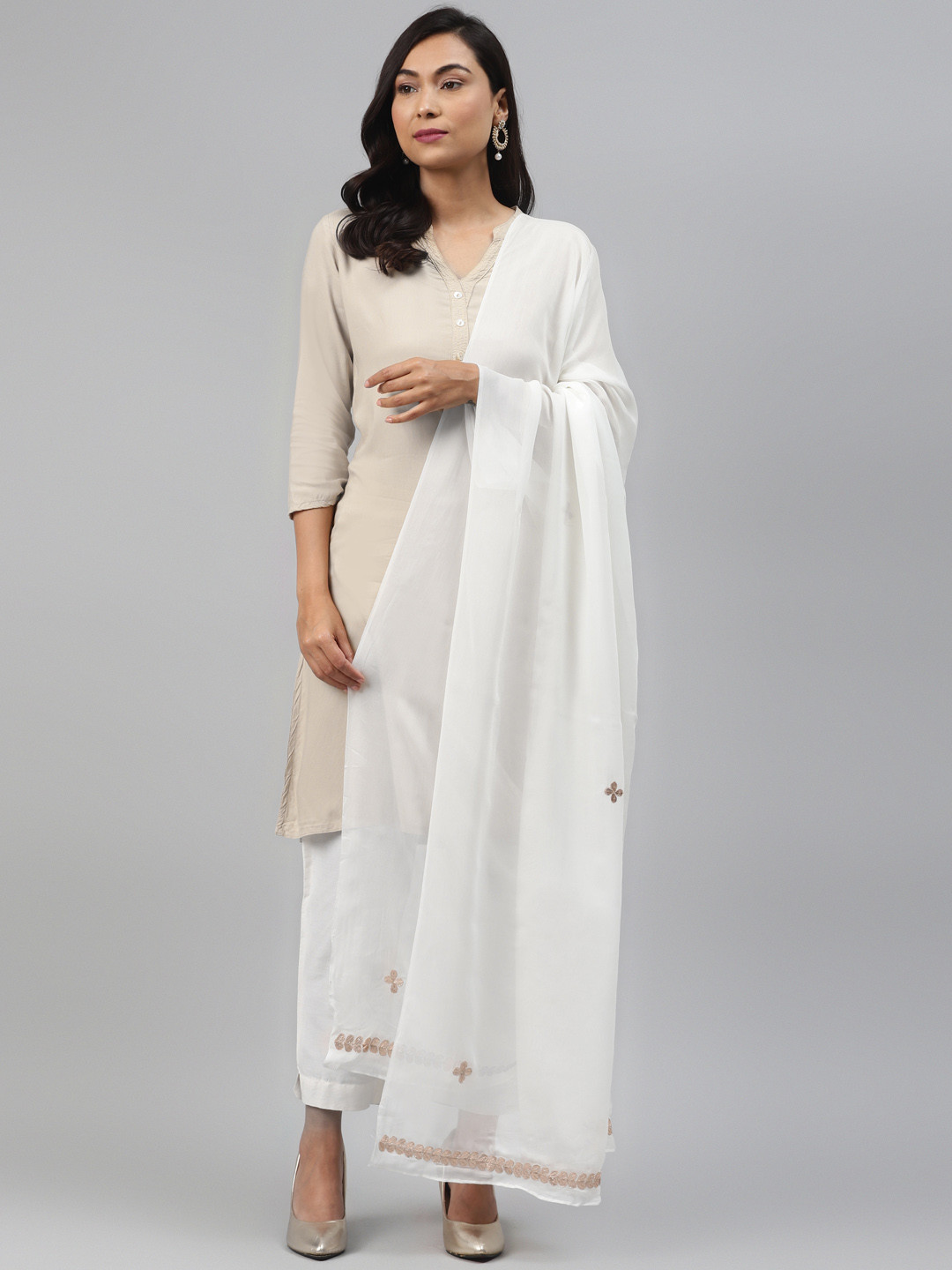 ADA White & Golden Hand Embroidered Gotta Patti Work Handloom Dupatta