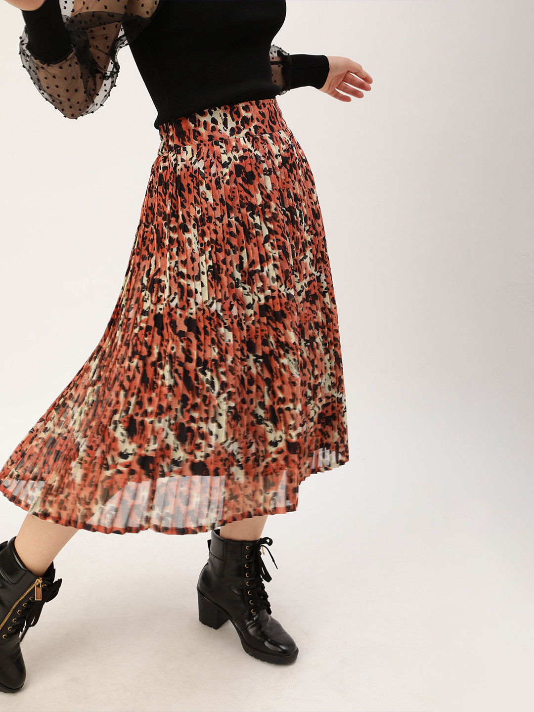 Antheaa Women Orange & Black Accordion Pleated Ethnic Printed A-Line Skirt