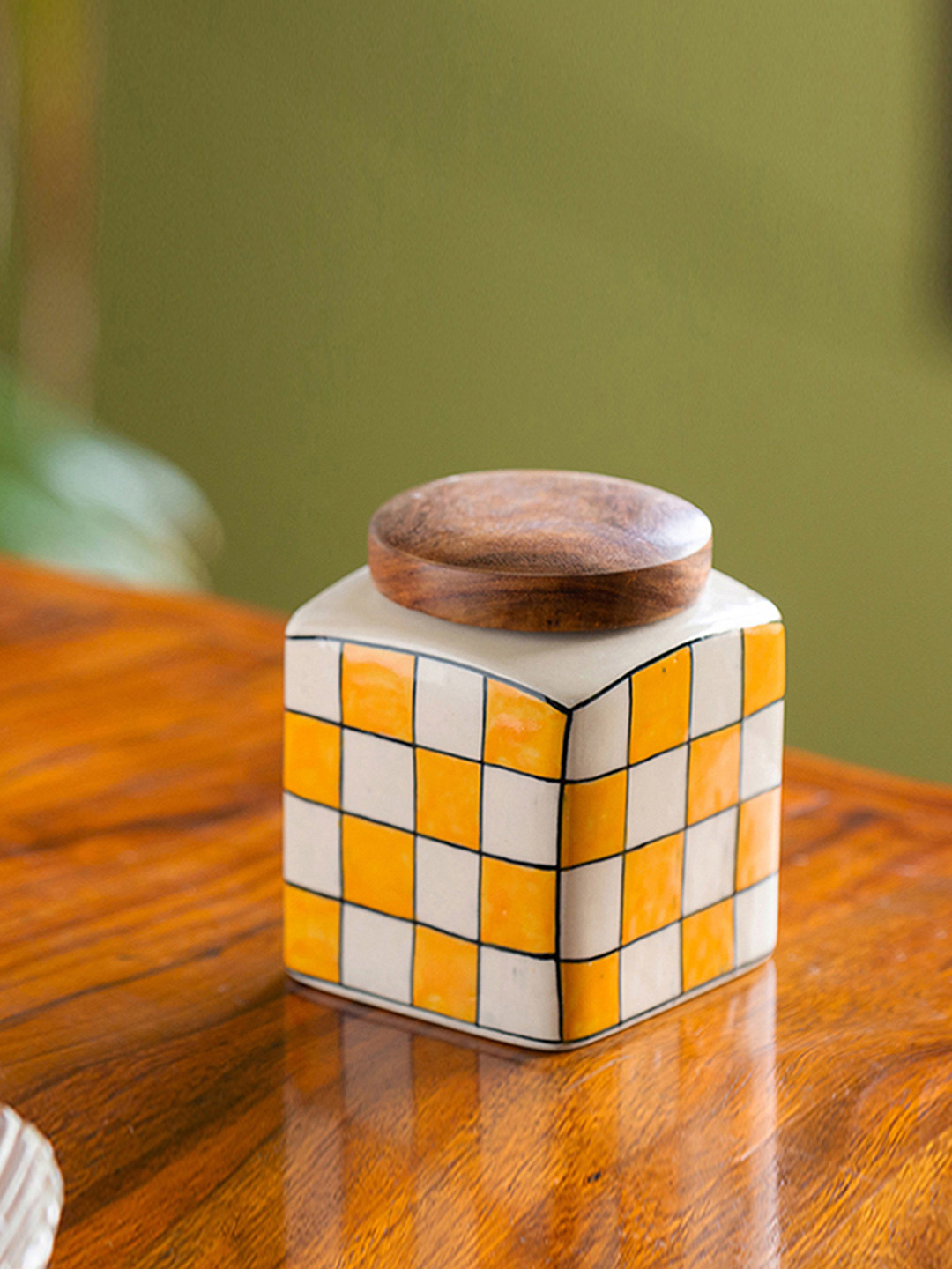 ExclusiveLane Yellow & White Hand-Painted Ceramic Airtight Kitchen Storage Jar