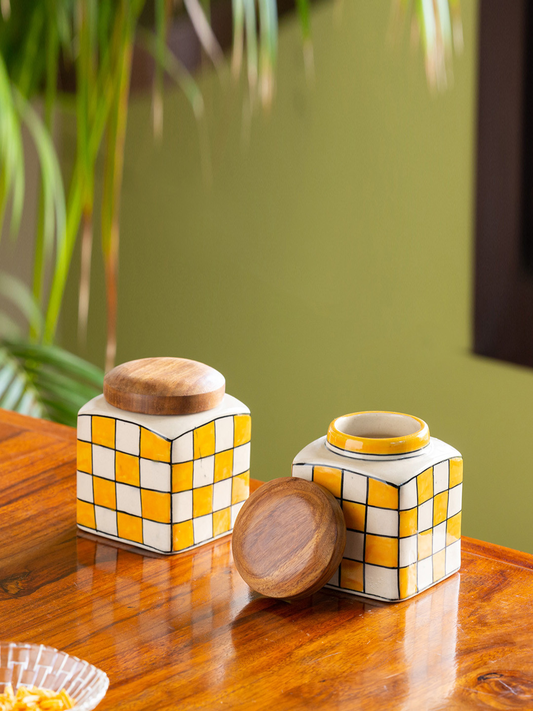 ExclusiveLane Set Of 2 Yellow & White Checked Ceramic Hand-Painted Canister