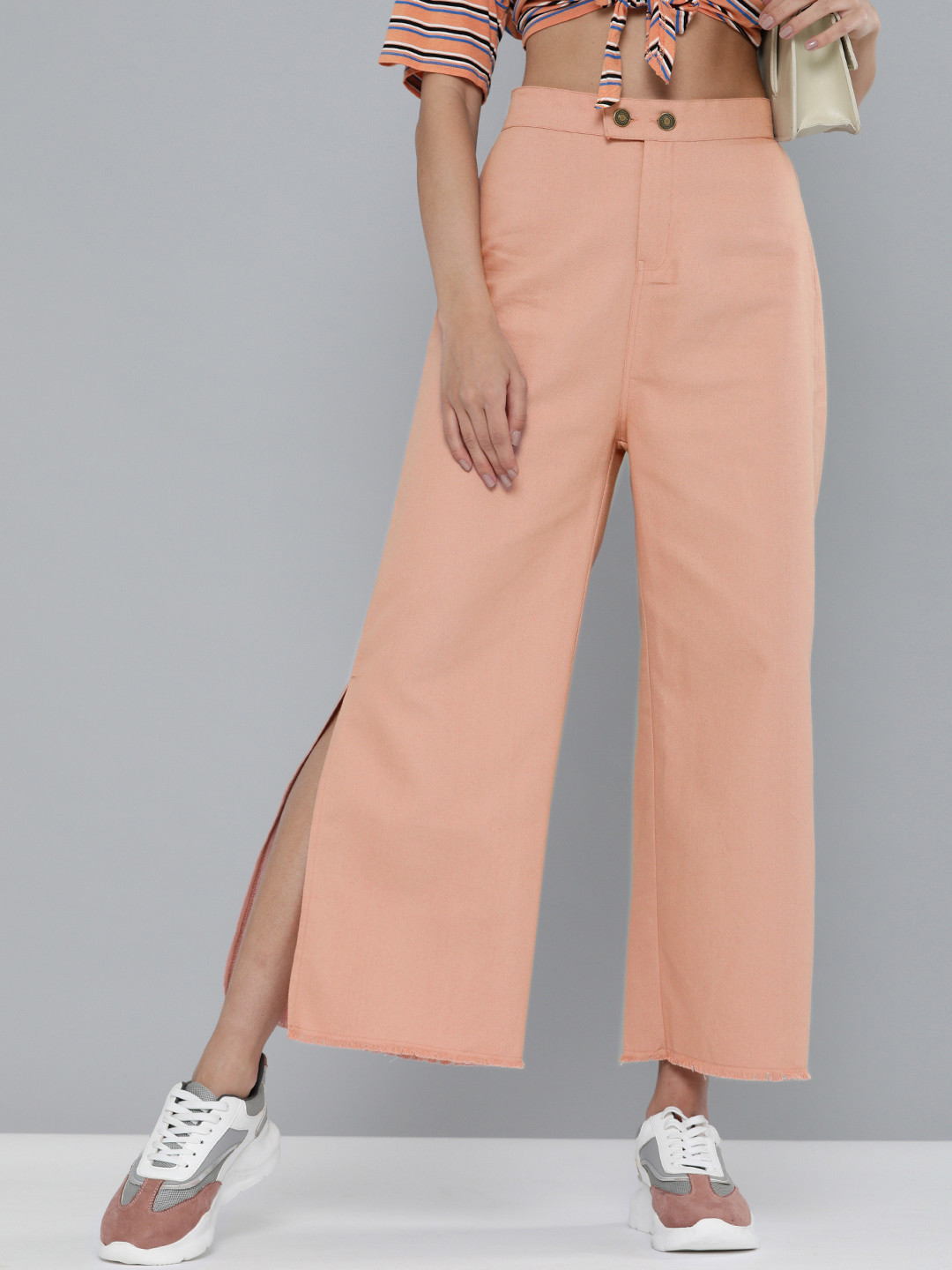 SASSAFRAS Women Peach-Coloured Cotton Side Slits Parallel Wide Leg Trousers