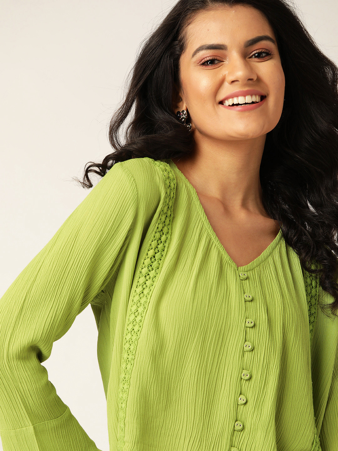 DressBerry Green Crochet Detail Bell Sleeve Regular Top