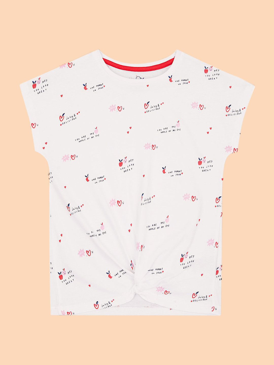 mothercare Girls Off-White Printed Knotted Design Round Neck Pure Cotton T-shirt