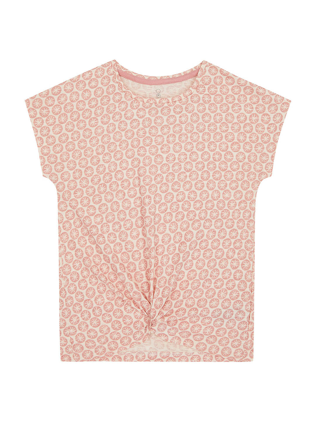 mothercare Girls Peach-Coloured Printed Knotted Design Round Neck Pure Cotton T-shirt