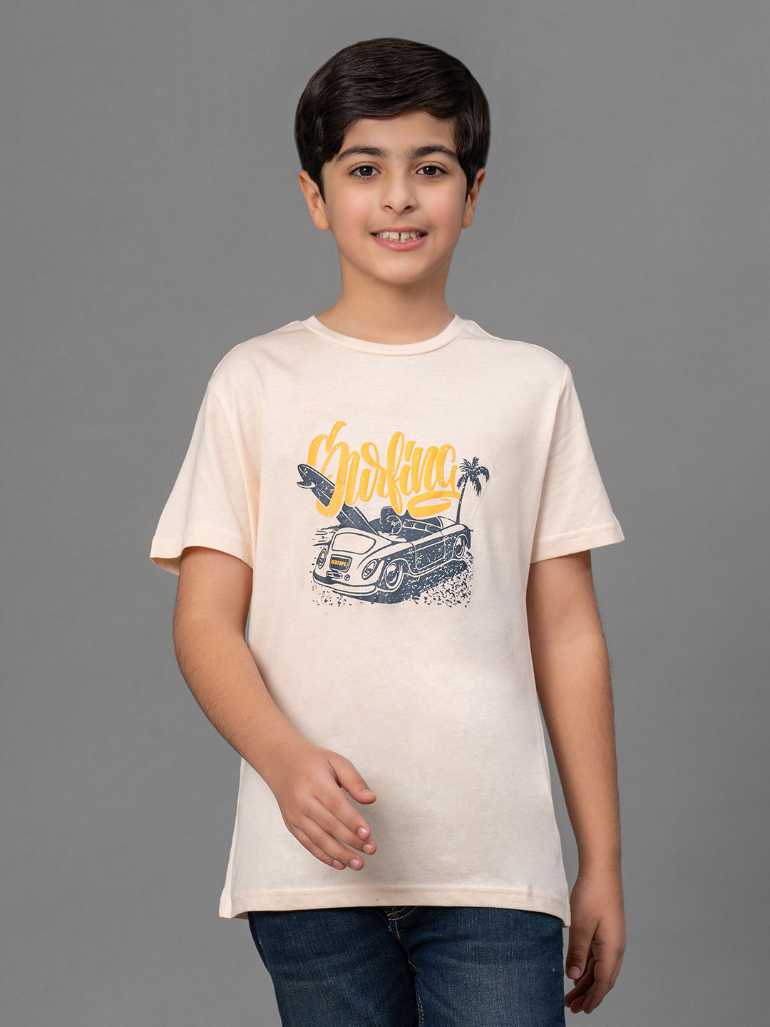 Red Tape Boys Beige Printed Round Neck T-shirt