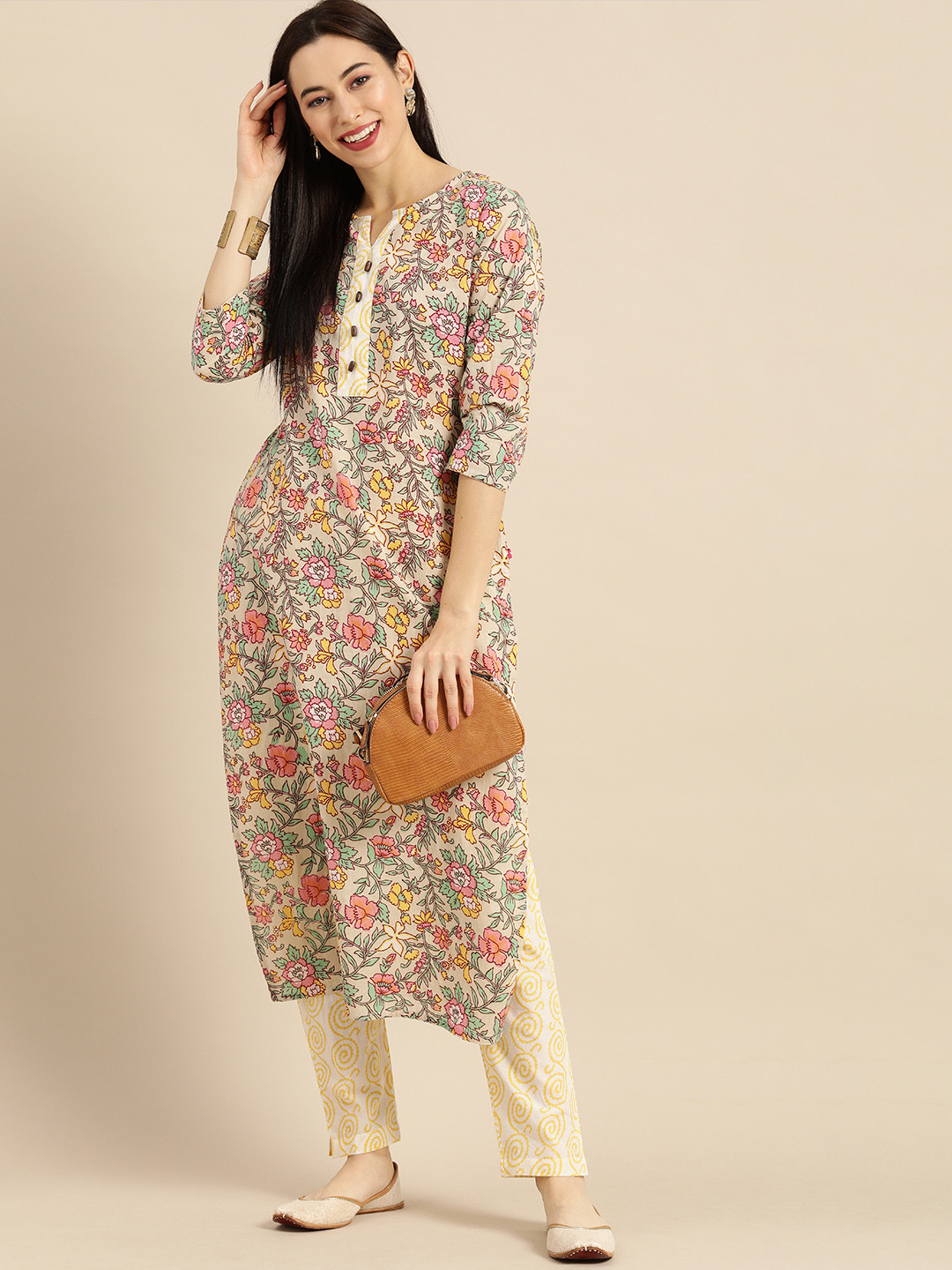 Varanga Women Sea Green & Mustard Yellow Printed Kurta with Trousers