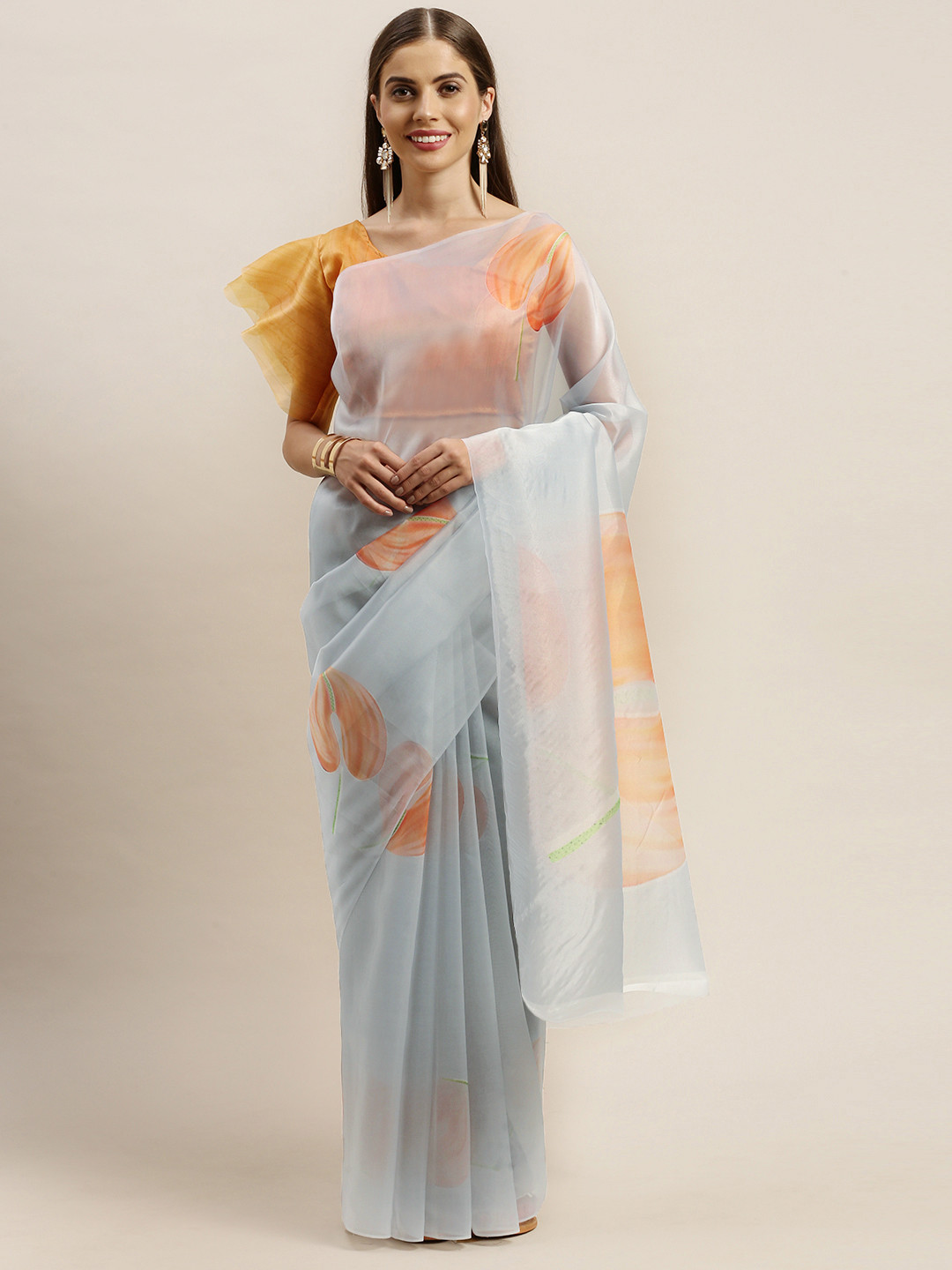 Rajnandini Grey & Orange Organza Floral Printed Saree