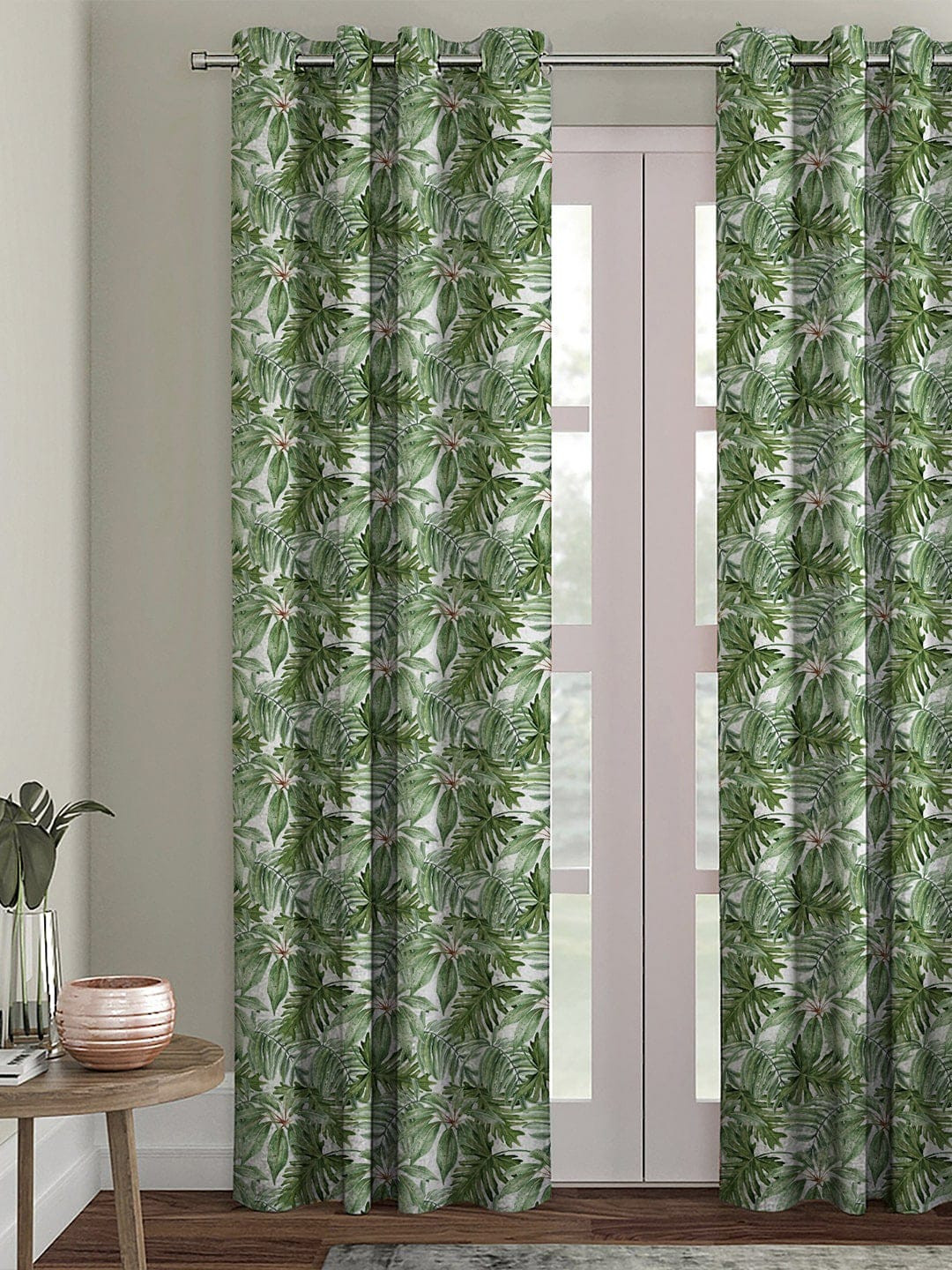 HOUZZCODE Green & White Floral Printed Single Black Out Door Curtain