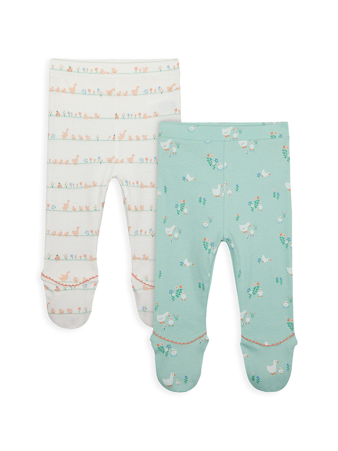 mothercare Infant Girl White & Mint Green Set Of 2 Pure Cotton Printed Leggings