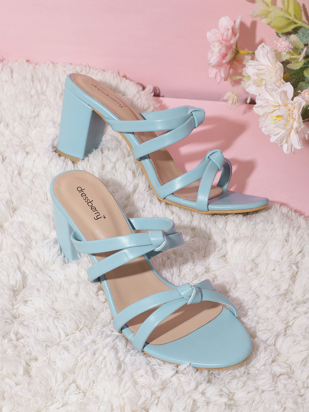 DressBerry Women Blue Strappy Heels with Knot Detail