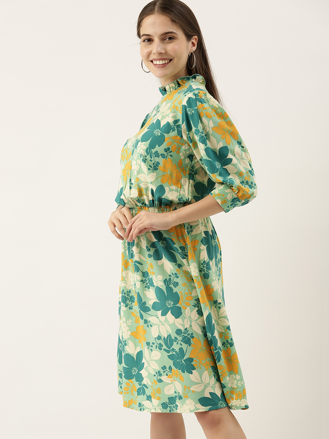 all about you Green & Yellow Floral Printed A-Line Dress