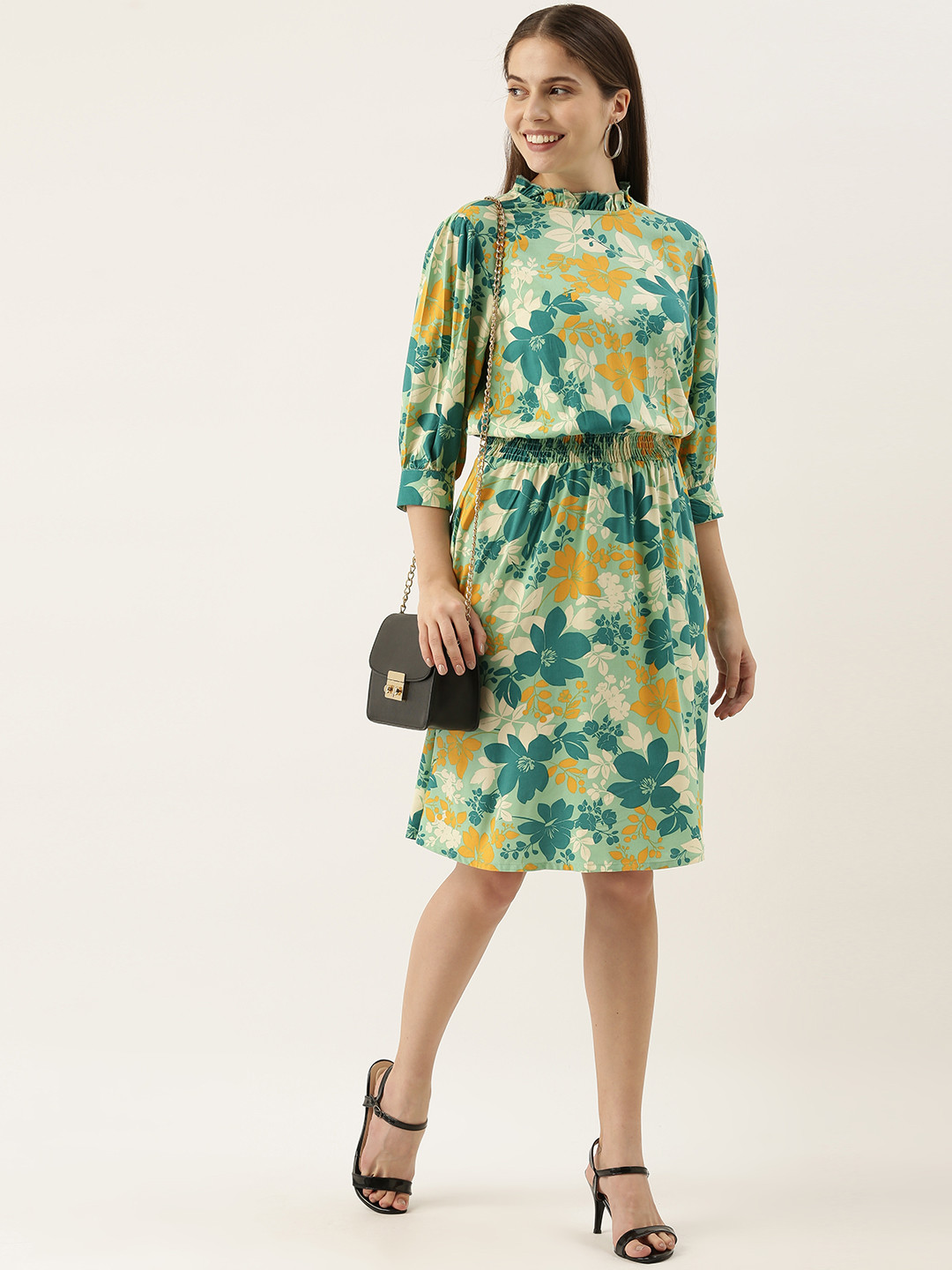 all about you Green & Yellow Floral Printed A-Line Dress