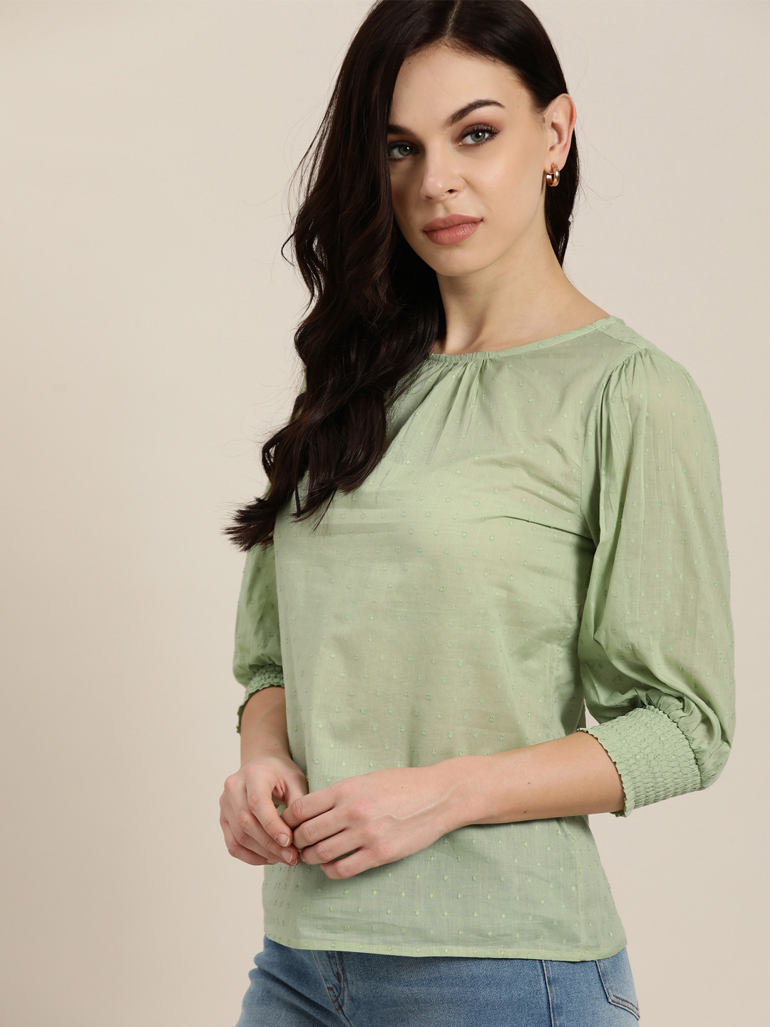 All about you Green Self Design Cotton Dobby Pattern Smocked Regular top