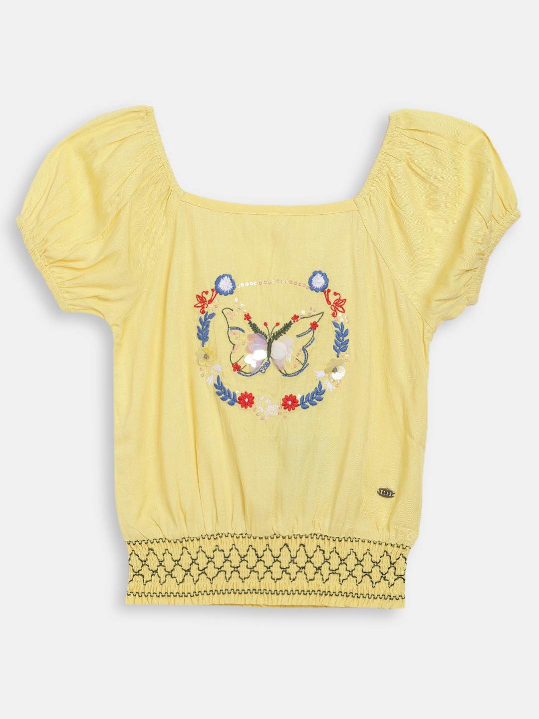 ELLE Girls Yellow Embroidered Puff Sleeves Blouson Top